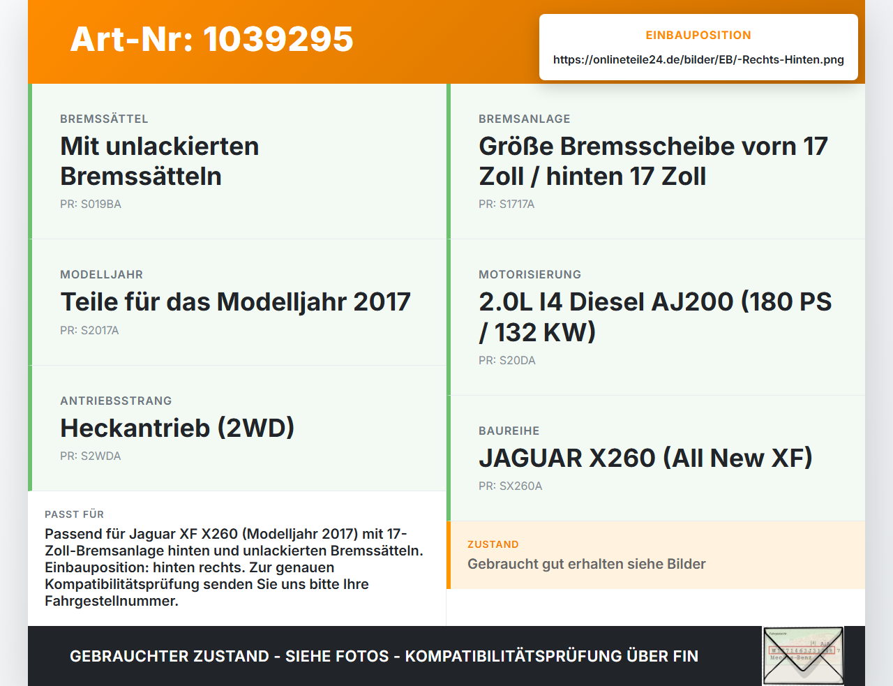 Jaguar XF X260 15-20 2,0d 132KW Stellmotor Parkbremse Bremssattel Hinten Rechts Jaguar XF X260 15-20 20.06.2017... Vorschau 3