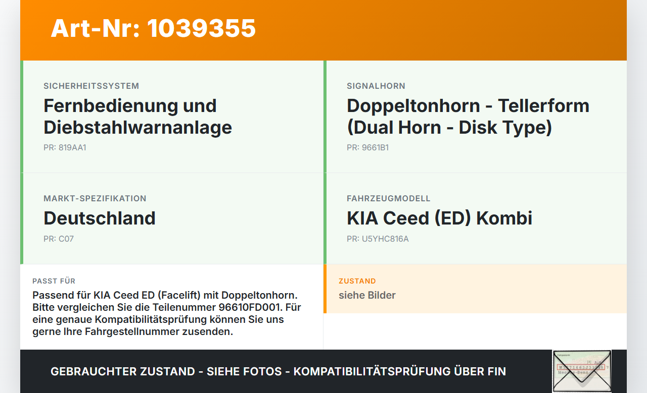 KIA Ceed ED 09-13 Hupe Signalhorn KIA Ceed ED 09-13 31.10.2011 96610FD001 28R-000034 gebraucht Vorschau 3