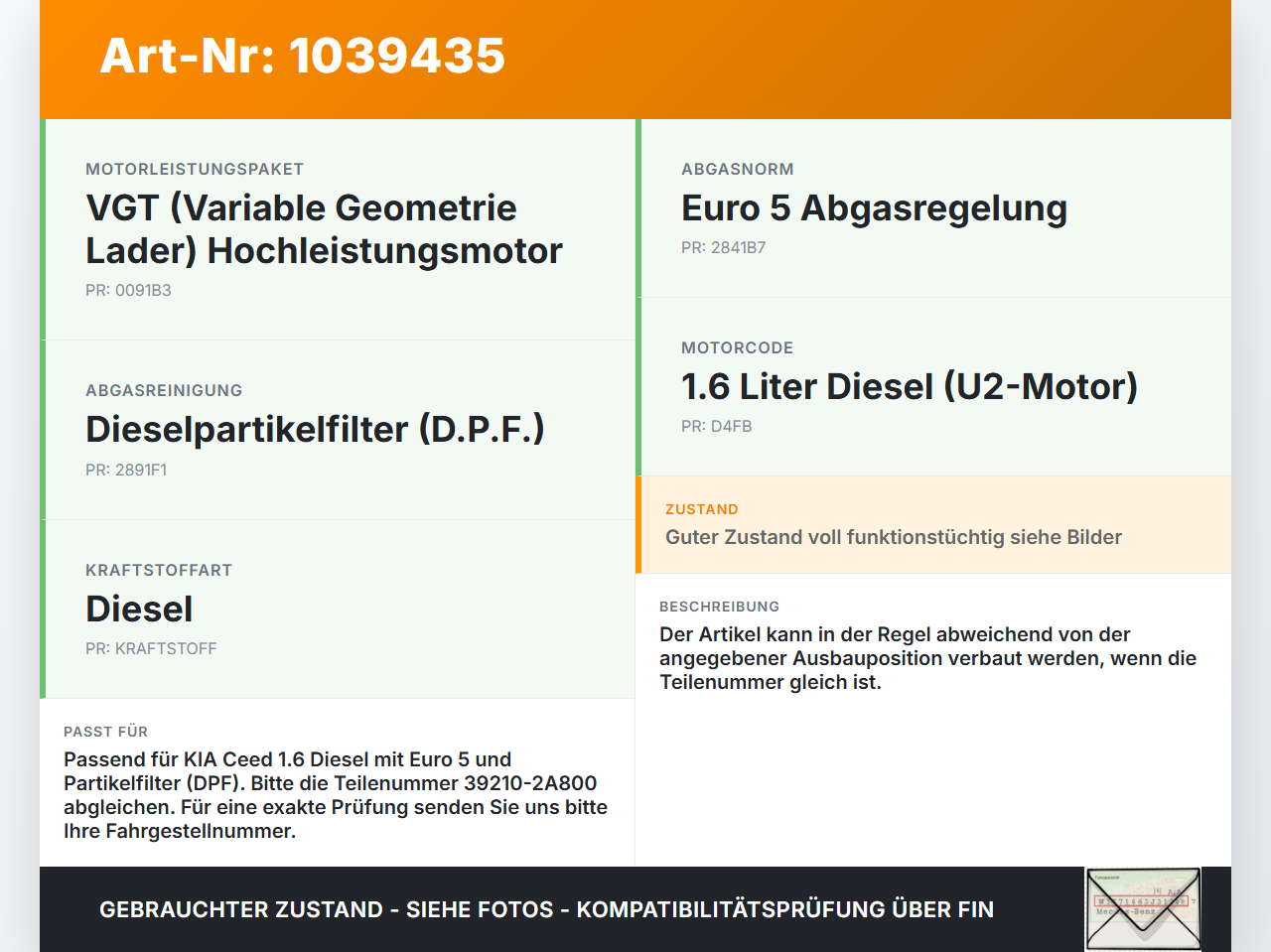 KIA Ceed ED 09-13 1,6 66KW D4FB Differenzdrucksensor KIA Ceed ED 09-13 31.10.2011 392102A800 39210-2A800 gebraucht Vorschau 3