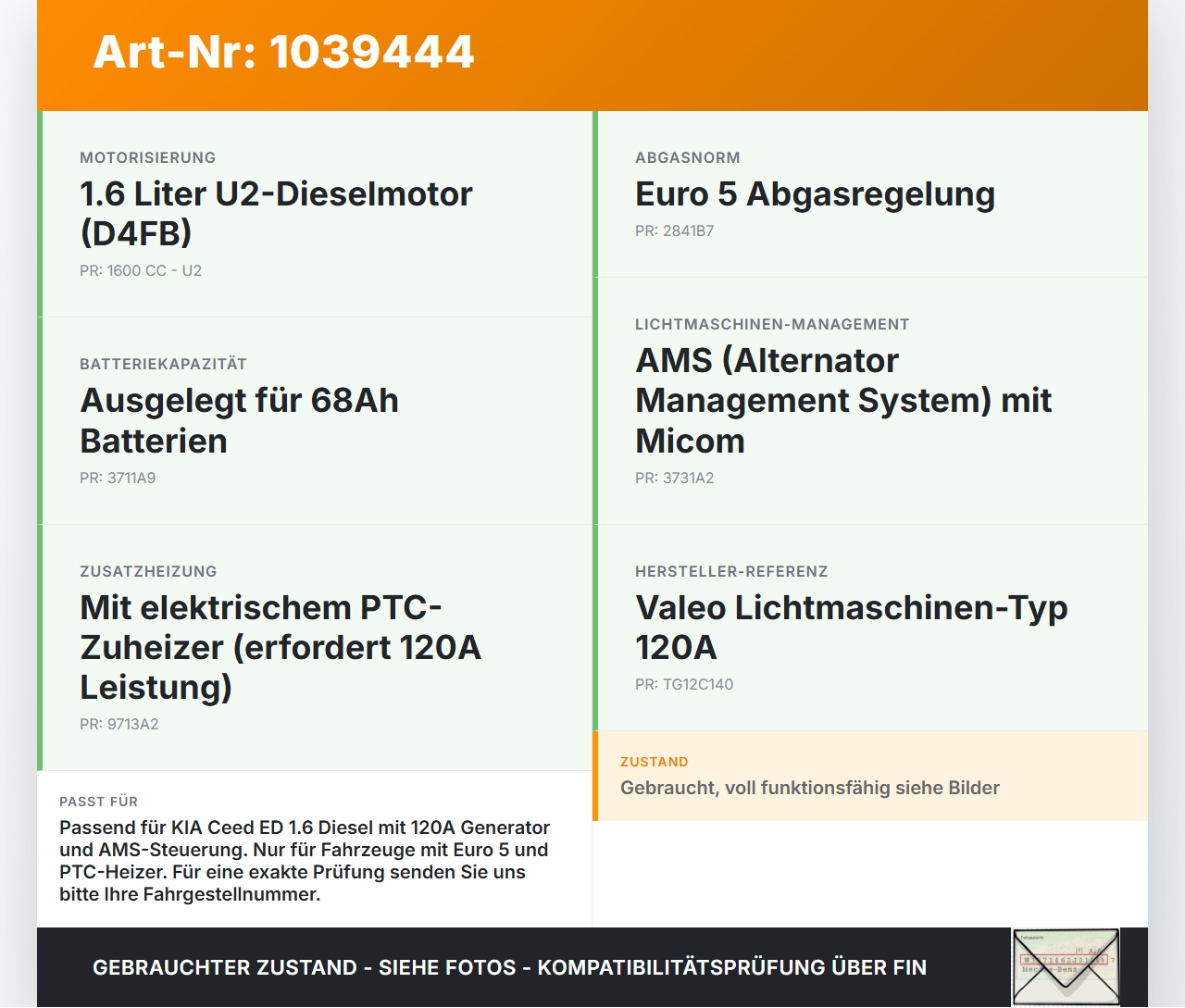 KIA Ceed ED 09-13 1,6 66KW Lichtmaschine Generator 120A 12V KIA Ceed ED 09-13 31.10.2011 373002A601 37300-2A601... Vorschau 3