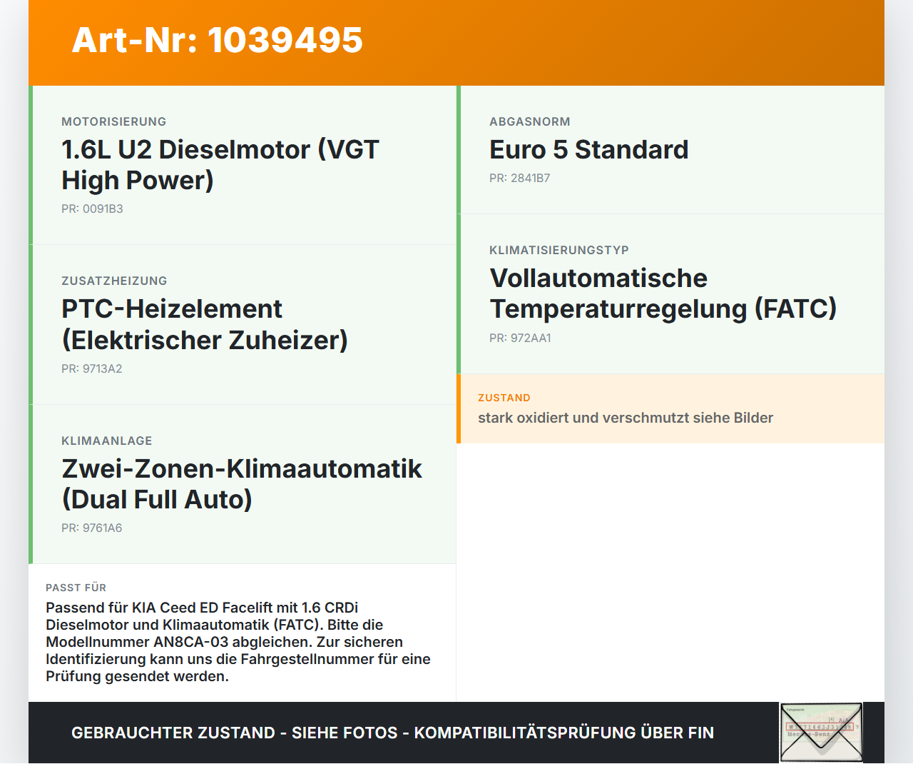 KIA Ceed ED 09-13 1,6 66KW Klimakompressor Klima Kompressor KIA Ceed ED 09-13 31.10.2011 977012H240 AN8CA-03 gebraucht Vorschau 3