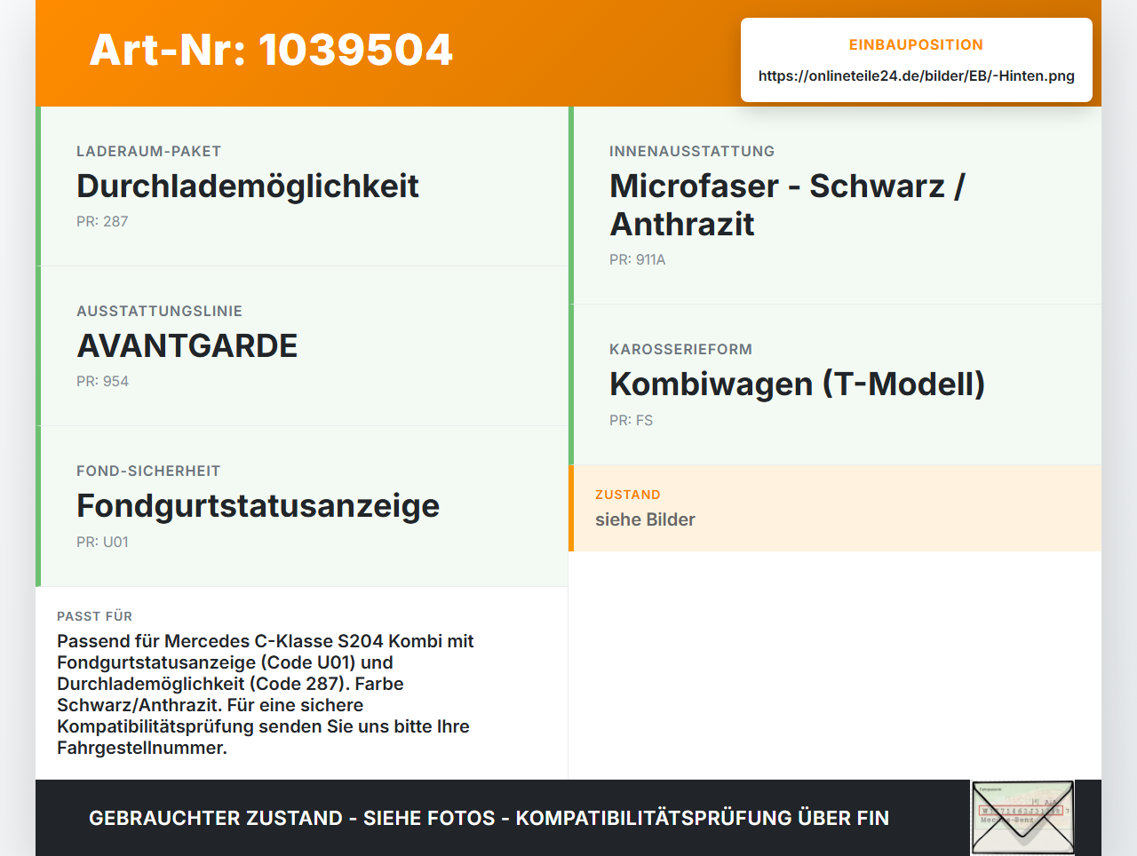 Mercedes W204 S204 C250 07-14 Kombi Gurtschloss Mitte Hinten Mercedes W204 S204 C250 07-14 29.08.2013 A2048602669... Vorschau 3