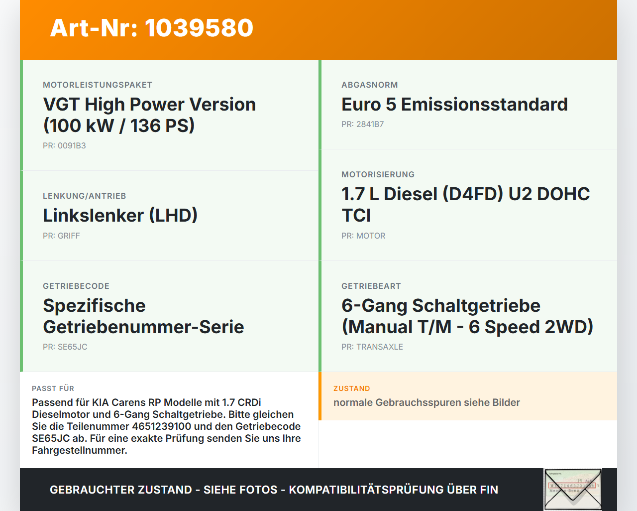 KIA Carens RP IV 13-19 CRDi 1,7 100KW D4FD Zahnrad KIA Carens RP IV 13-19 29.08.2014 4651239100 F-348111.34 gebraucht Vorschau 3