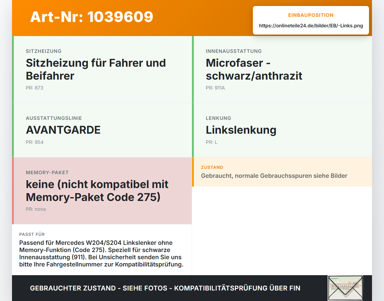 Mercedes W204 S204 C250 07-14 Sitzverstellung Schalter Links Mercedes W204 S204 C250 07-14 29.08.2013 A2048708910... Vorschau 3
