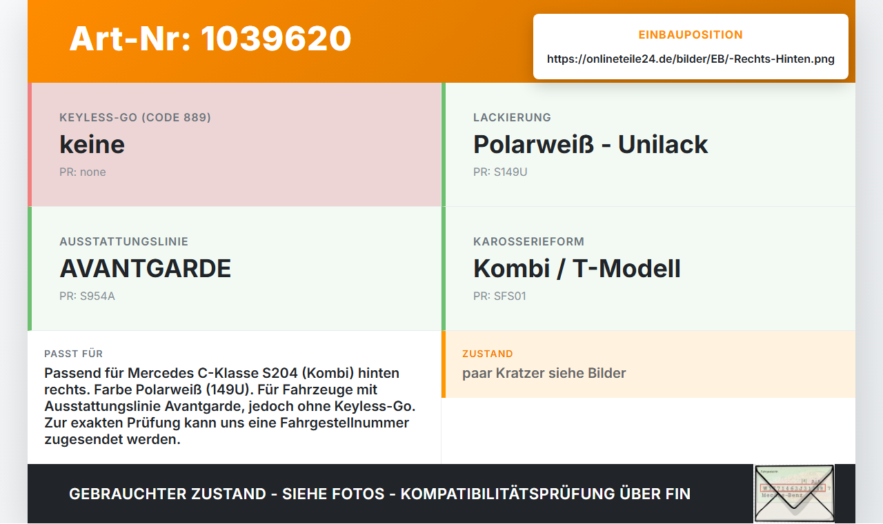 Mercedes W204 S204 C250 07-14 Kombi Türgriff Griff aussen Rechts Hinten 149U Mercedes W204 S204 C250 07-14... Vorschau 3
