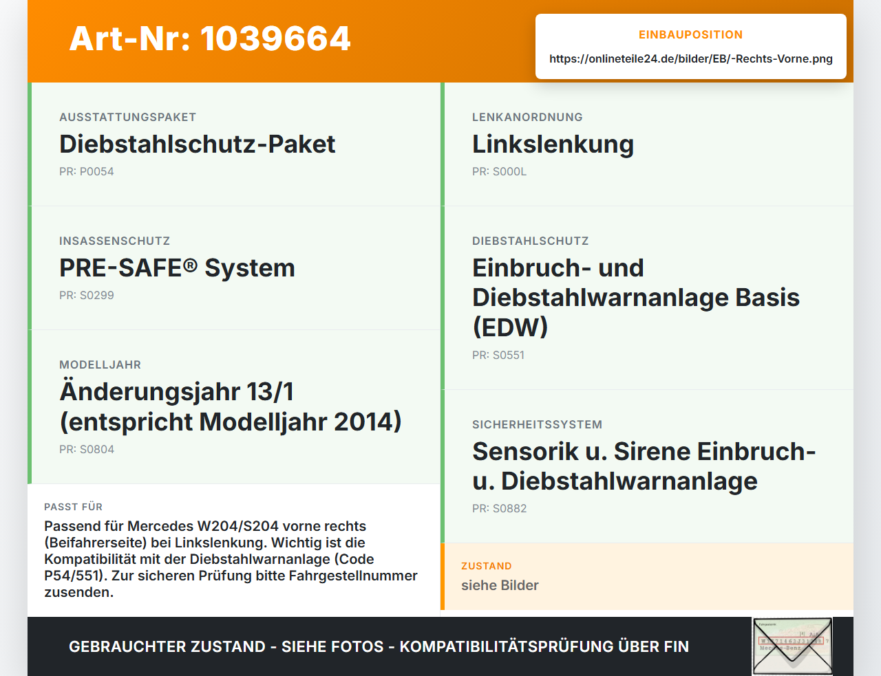 Mercedes W204 S204 C250 07-14 Kombi Türschloss m. ZV Stellmotor Rechts Vorne Mercedes W204 S204 C250 07-14... Vorschau 3