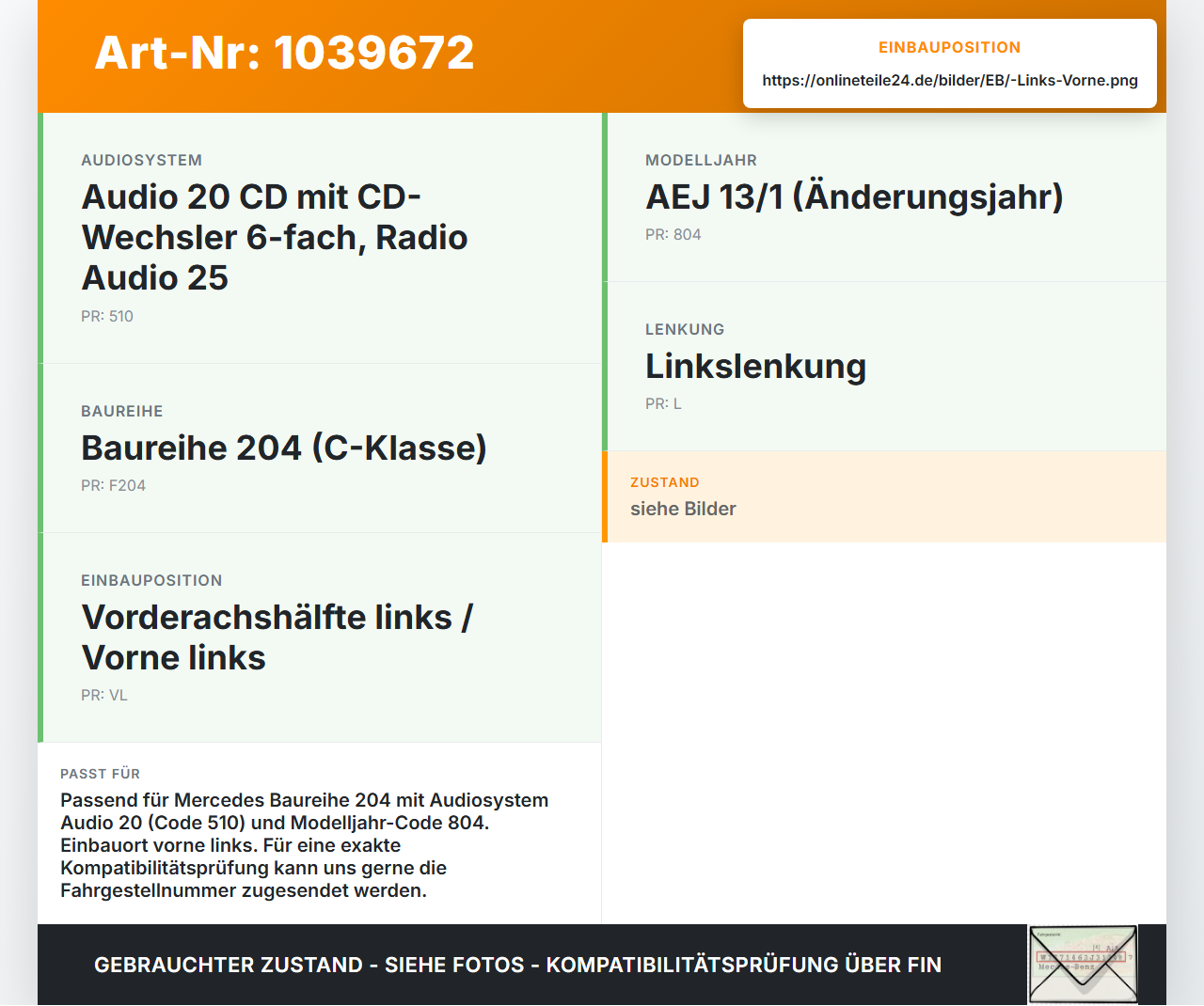 Mercedes W204 S204 C250 07-14 Lautsprecher Links Vorne Mercedes W204 S204 C250 07-14 29.08.2013 A2049062401... Vorschau 3