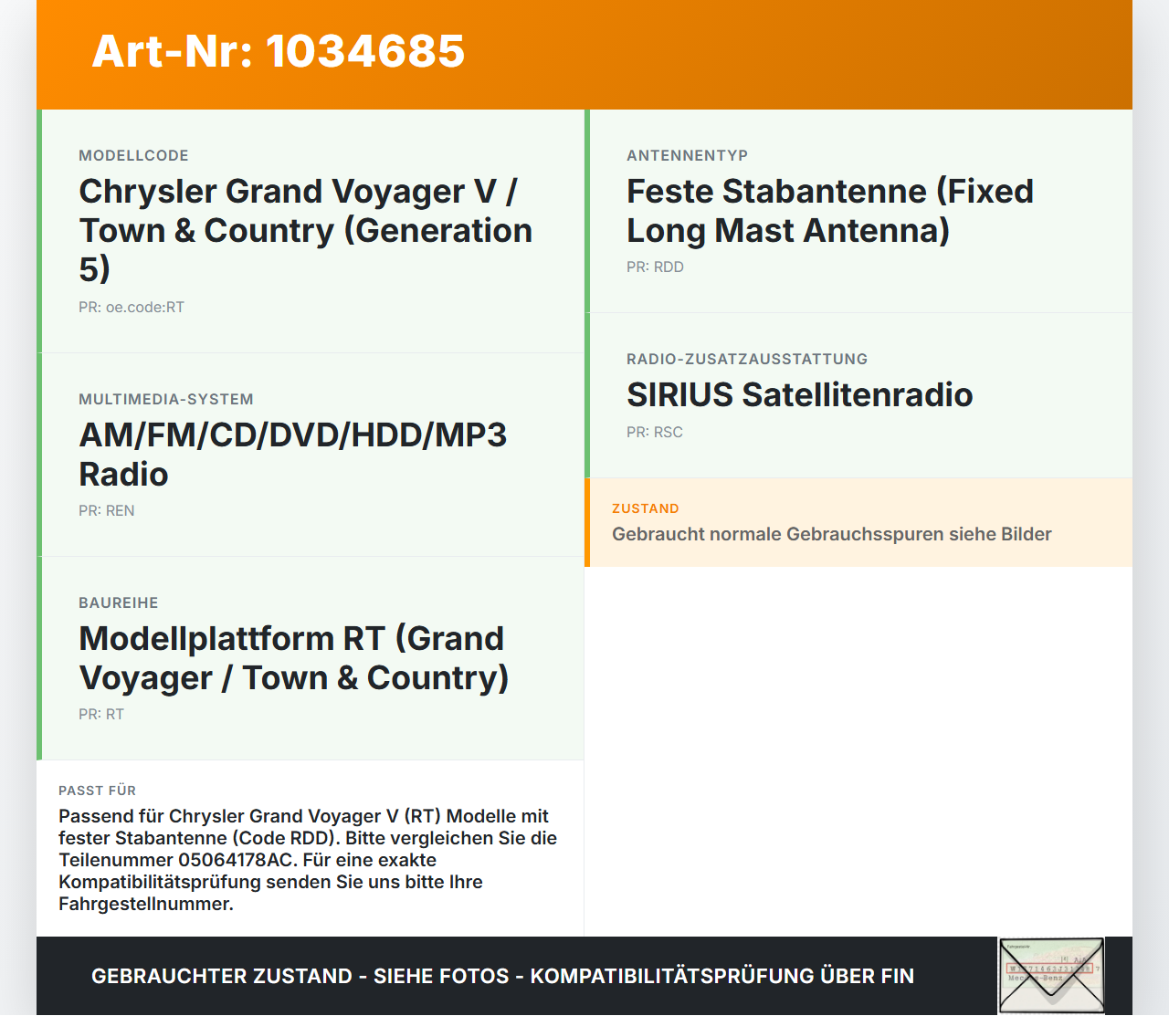 Chrysler Grand Voyager V 08-10 Antenne Chrysler Grand Voyager V 08-10 01.01.2008 05064178AC gebraucht Vorschau 3