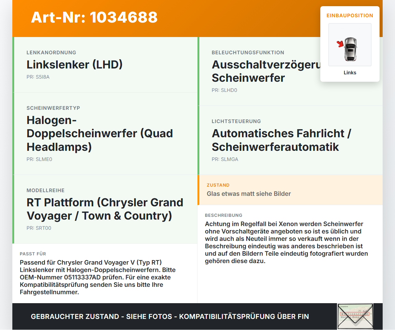 Chrysler Grand Voyager V 08-10 Halogen Scheinwerfer Frontscheinwerfer Links Chrysler Grand Voyager V 08-10... Vorschau 3