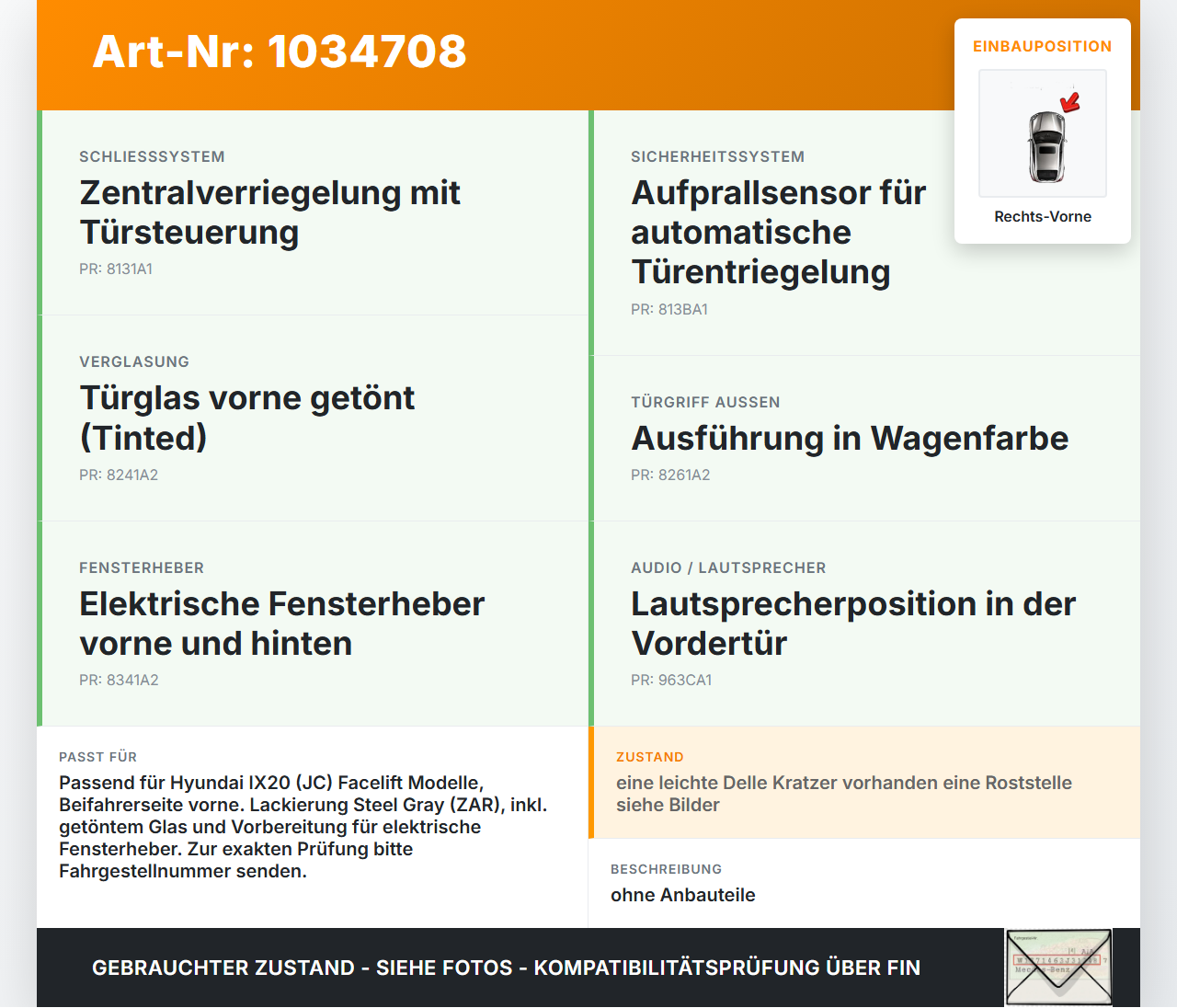 Hyundai IX20 JC 10-15 Tür Beifahrertür Rechts Vorne ZAR Hyundai IX20 JC 10-15 21.02.2014 gebraucht Vorschau 3