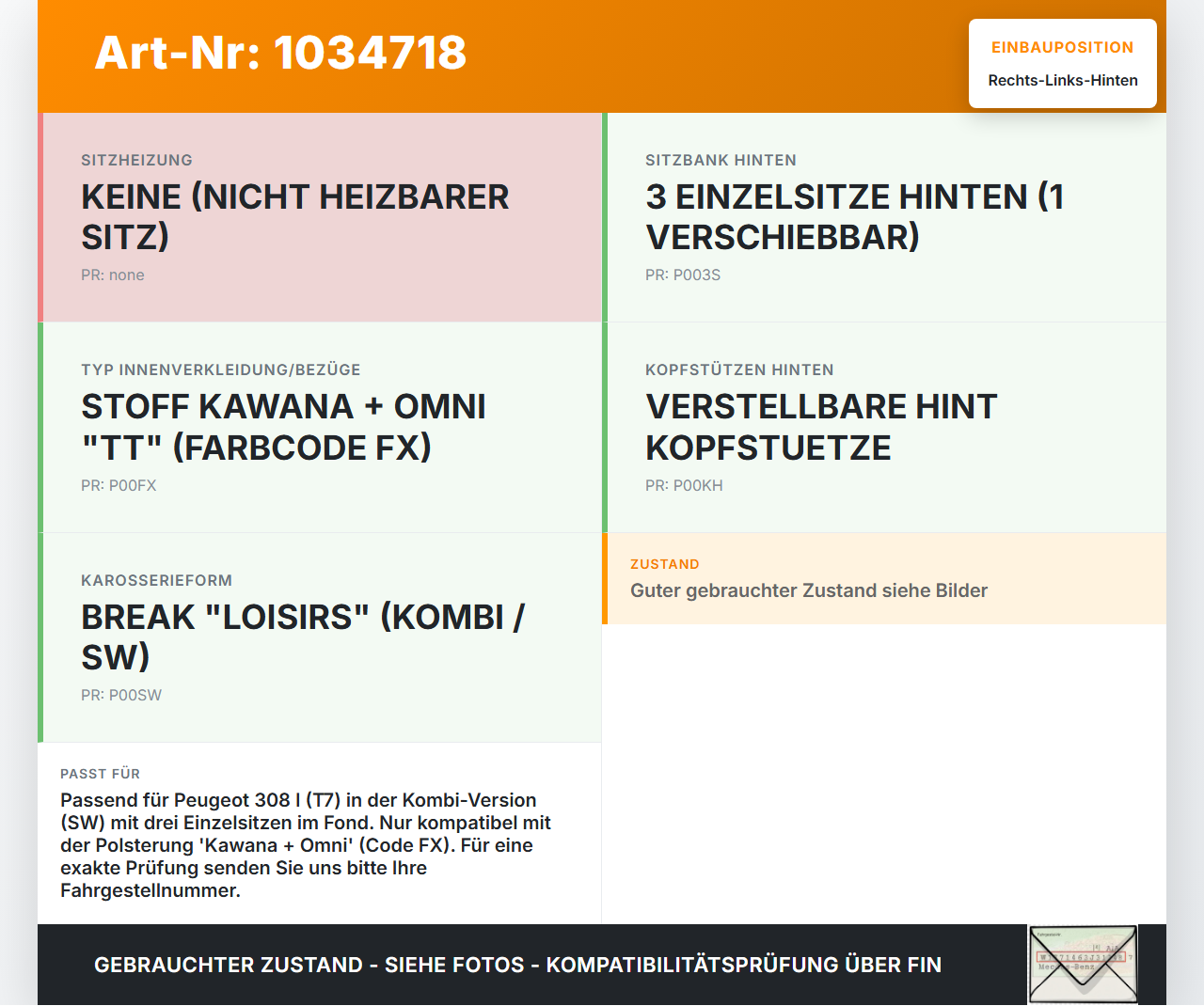 Peugeot 308 I T7 07-11 Kopfstütze Rechts oder Links Hinten Peugeot 308 I T7 07-11 30.09.2008 gebraucht Vorschau 3