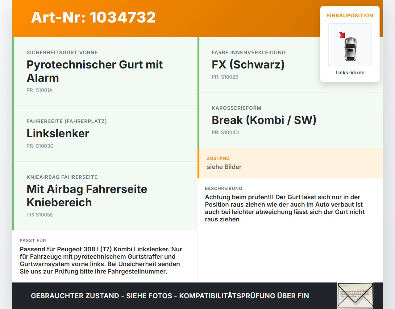 Peugeot 308 I T7 07-11 Kombi Gurt Sicherheitsgurt m. Gurtstraffer Fahrer Links Vorne Peugeot 308 I T7 07-11... Vorschau 3