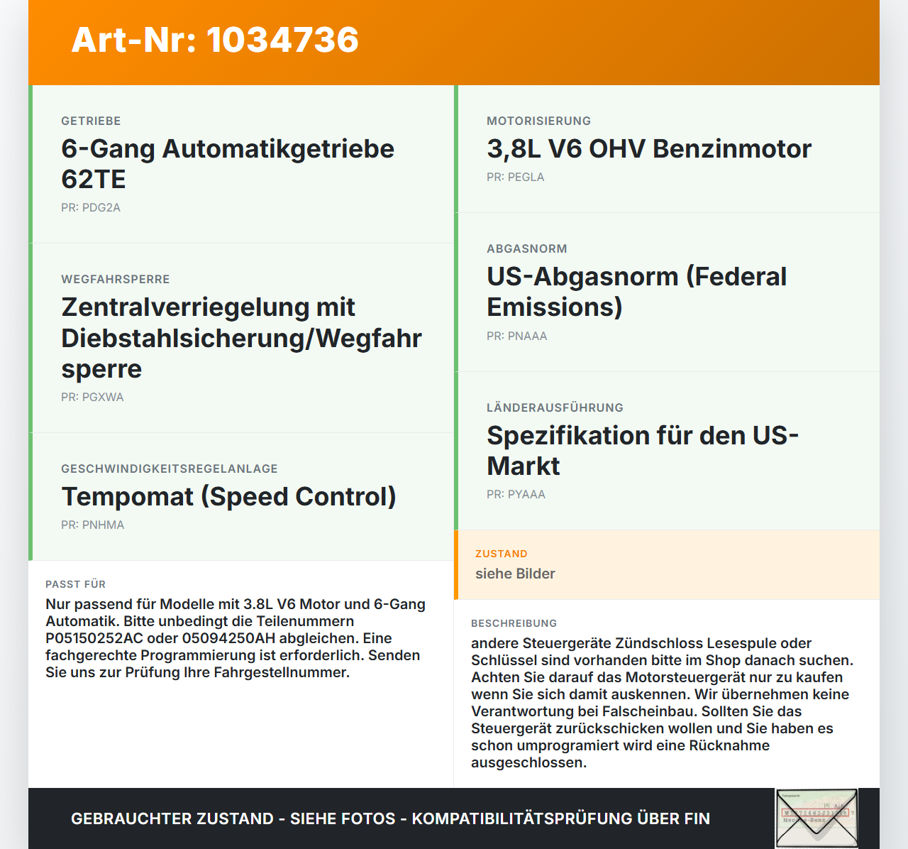 Chrysler Grand Voyager V 08-10 3,8 142KW Steuergerät ECU für Motor Motorsteuergerät Chrysler Grand Voyager V 08-10... Vorschau 3