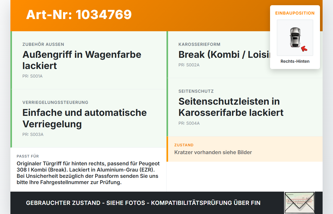 Peugeot 308 I T7 07-11 Kombi Türgriff Griff aussen Rechts Hinten EZR Peugeot 308 I T7 07-11 30.09.2008 gebraucht Vorschau 3