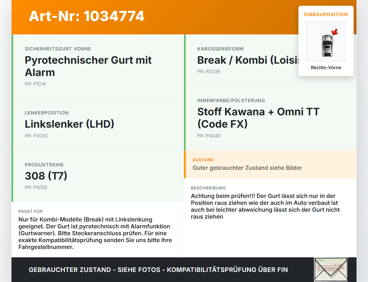 Peugeot 308 I T7 07-11 Kombi Gurt Sicherheitsgurt Rechts Vorne Peugeot 308 I T7 07-11 30.09.2008 gebraucht Vorschau 3