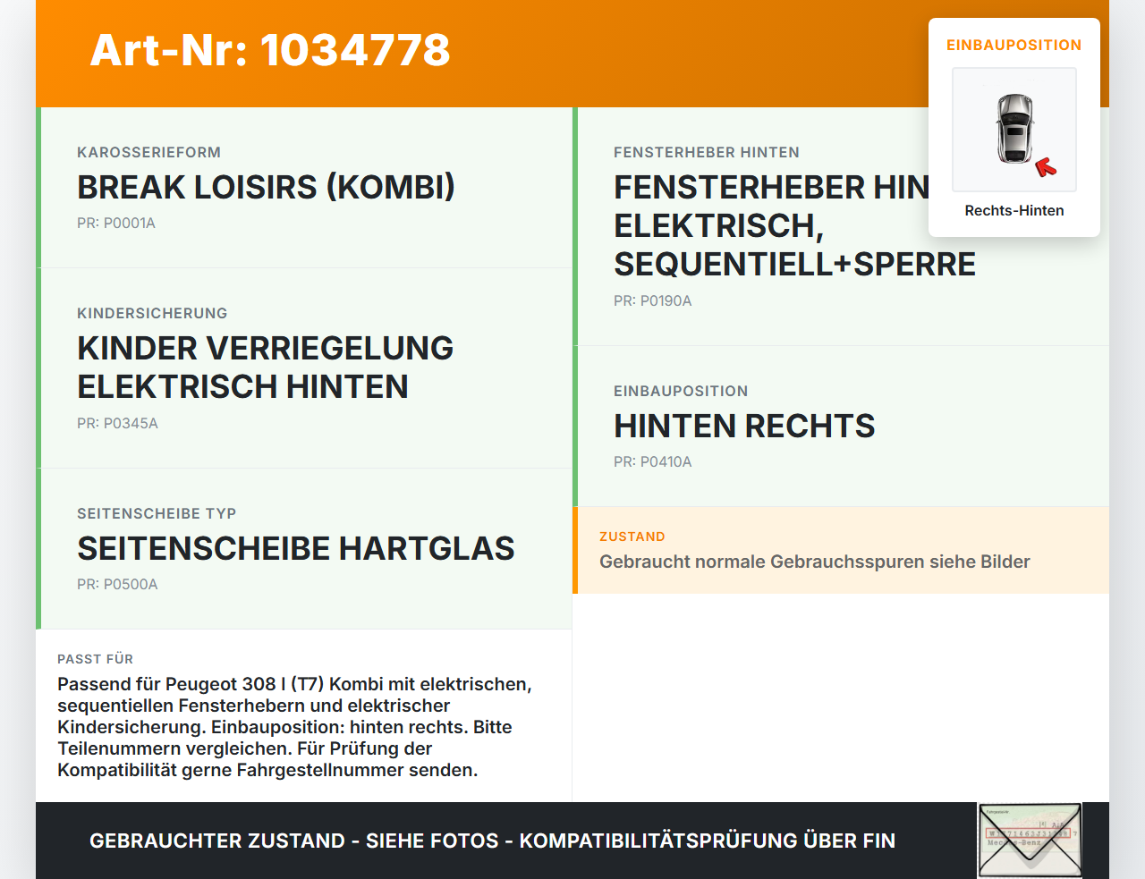 Peugeot 308 I T7 07-11 Kombi Fensterhebermotor mit Fensterheber Rechts Hinten Peugeot 308 I T7 07-11 30.09.2008... Vorschau 3