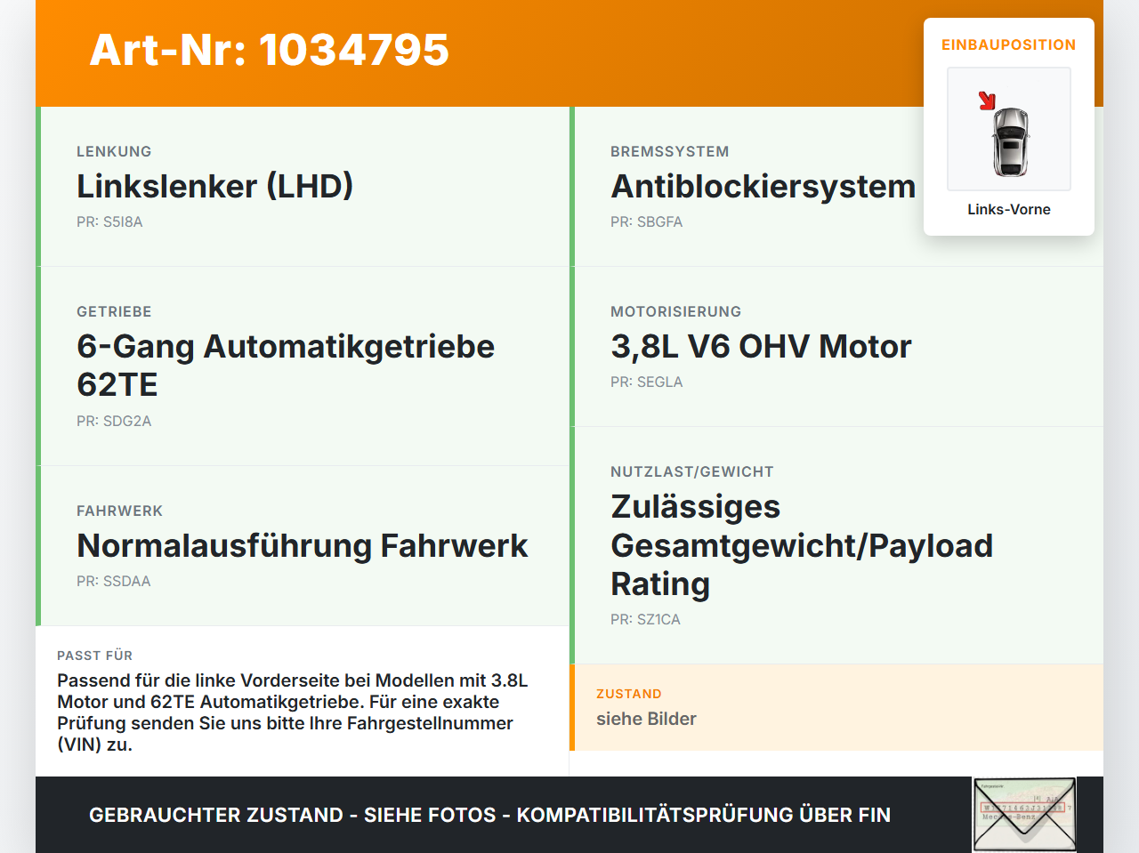 Chrysler Grand Voyager V 08-10 3,8 142KW Autom Antriebswelle Gelenkwelle Links Vorne Chrysler Grand Voyager V 08-10... Vorschau 3
