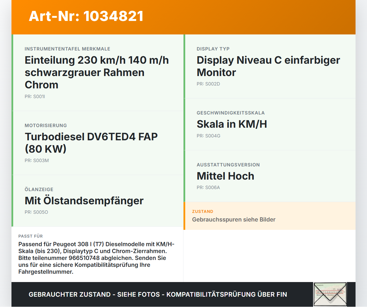 Peugeot 308 I T7 07-11 1,6 80KW Kombiinstrument Tacho Peugeot 308 I T7 07-11 30.09.2008 966510748 0203700156 gebraucht Vorschau 3