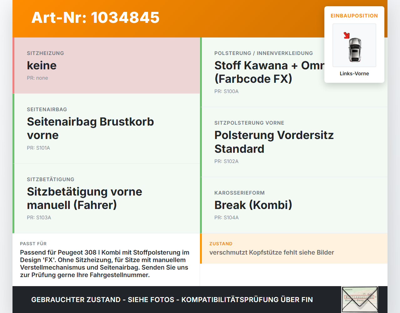 Peugeot 308 I T7 07-11 Kombi Sitzbezug Rückenpolster Links Vorne für Fahrer Sitz Peugeot 308 I T7 07-11 30.09.2008... Vorschau 3