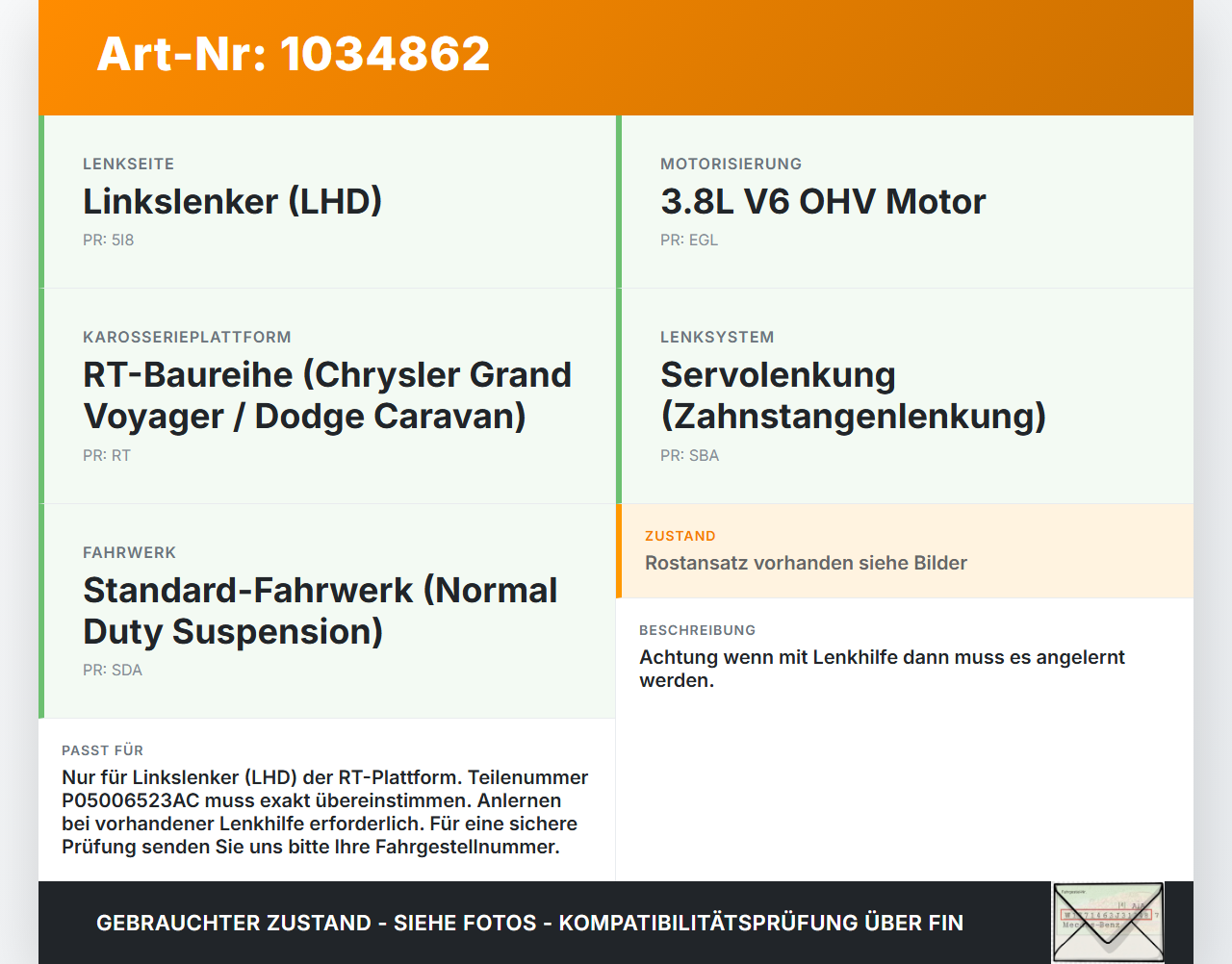 Chrysler Grand Voyager V 08-10 Lenkgetriebe Servolenkung Chrysler Grand Voyager V 08-10 01.01.2008 P05006523AC gebraucht Vorschau 3
