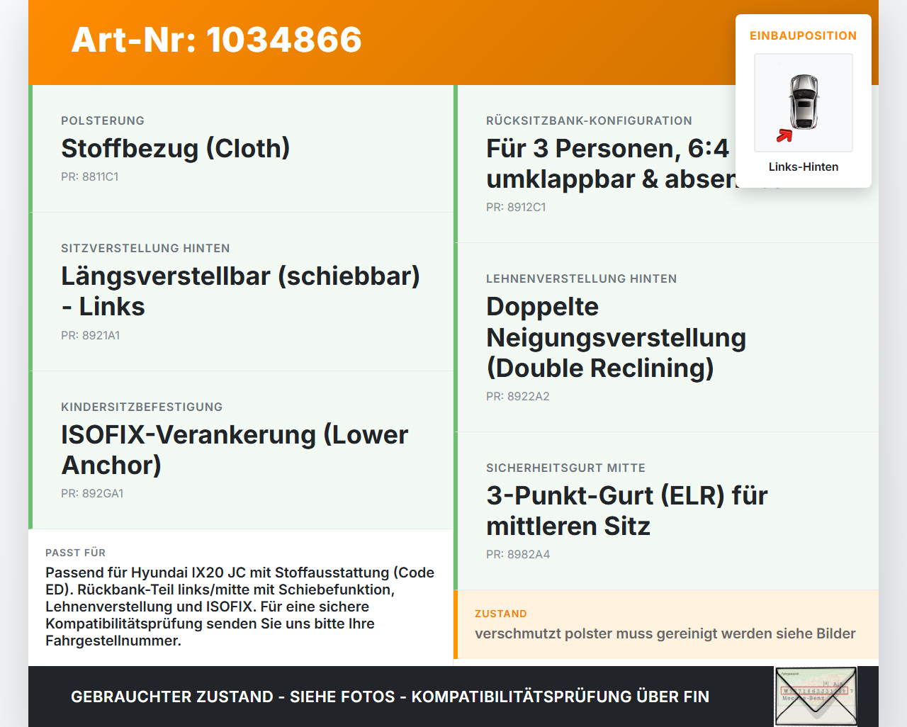 Hyundai IX20 JC 10-15 Sitz Links und Mitte Hinten Hyundai IX20 JC 10-15 21.02.2014 gebraucht Vorschau 3