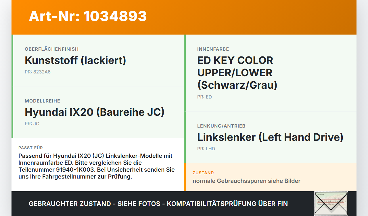 Hyundai IX20 JC 10-15 Blende Innen Deckel für Sicherungskasten Hyundai IX20 JC 10-15 21.02.2014 91940-1K003 gebraucht Vorschau 3