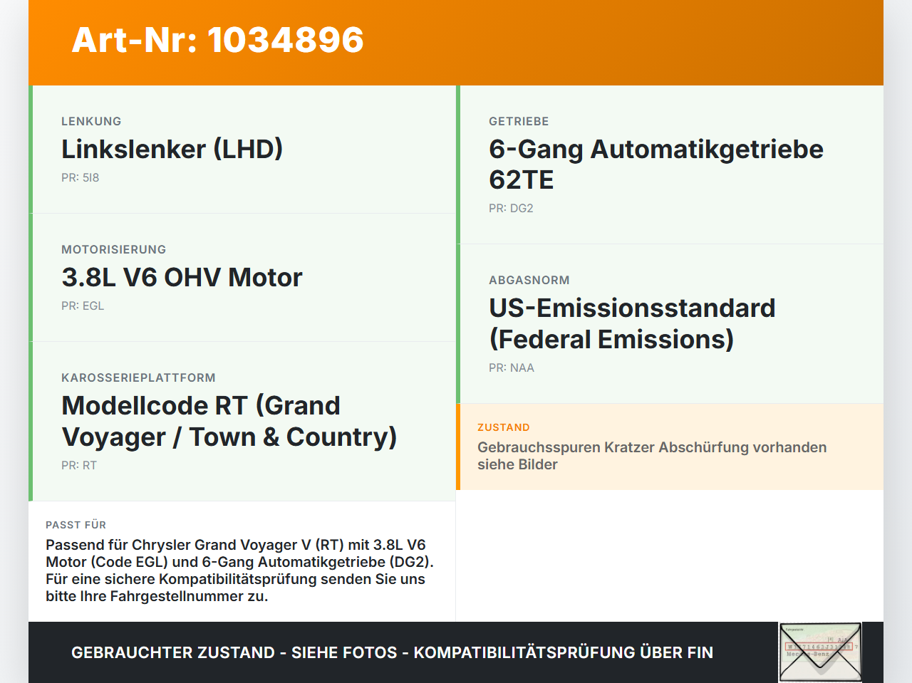 Chrysler Grand Voyager V 08-10 3,8 142KW EGL Ölwanne Motorwanne Chrysler Grand Voyager V 08-10 01.01.2008 gebraucht Vorschau 3