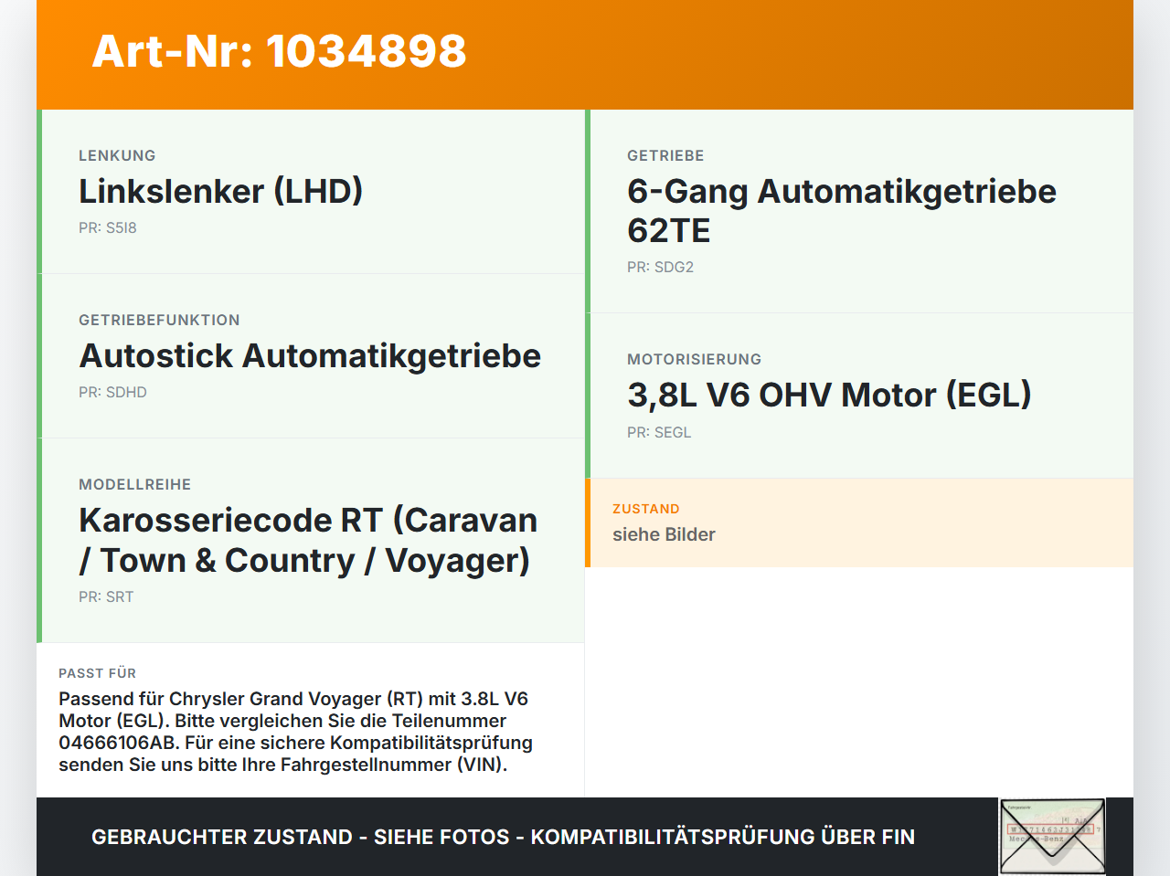 Chrysler Grand Voyager V 08-10 3,8 142KW EGL Ölpumpe Chrysler Grand Voyager V 08-10 01.01.2008 04666106AB gebraucht Vorschau 3