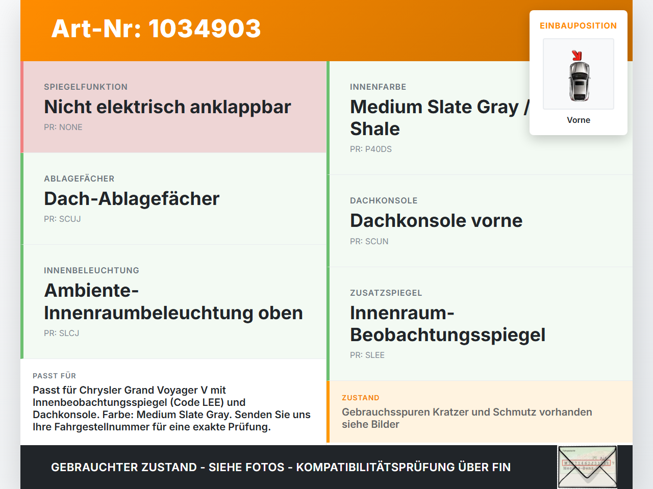 Chrysler Grand Voyager V 08-10 Innenleuchte Innenraumleuchte Vorne Zusatzspiegel Chrysler Grand Voyager V 08-10... Vorschau 3