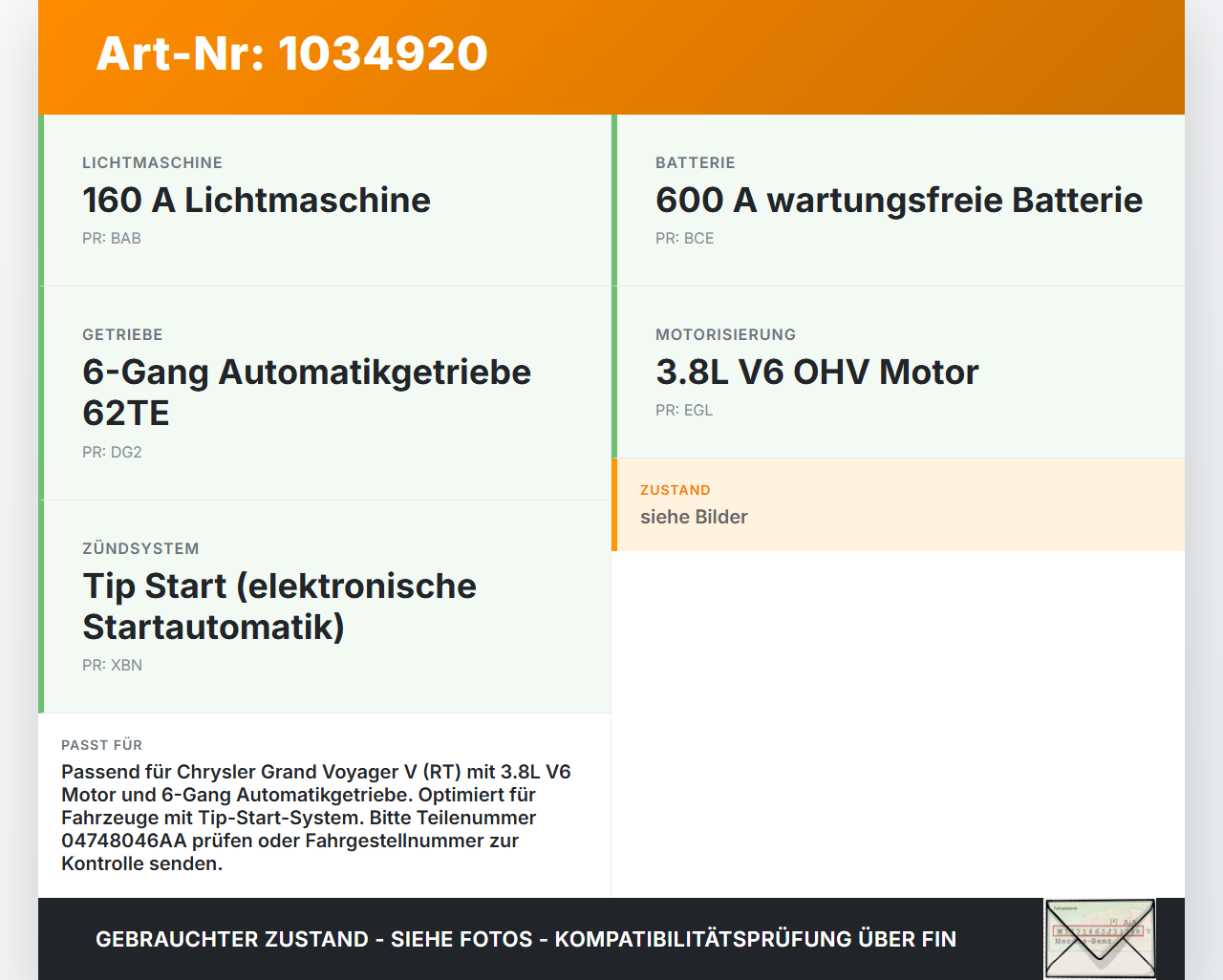 Chrysler Grand Voyager V 08-10 3,8 142KW Autom Anlasser Starter Chrysler Grand Voyager V 08-10 01.01.2008... Vorschau 3