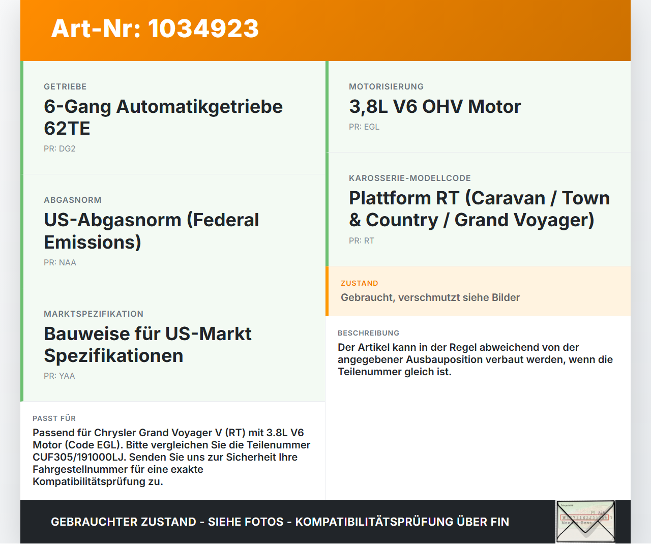 Chrysler Grand Voyager V 08-10 3,8 142KW Zündspule Chrysler Grand Voyager V 08-10 01.01.2008 CUF305 191000LJ gebraucht Vorschau 3