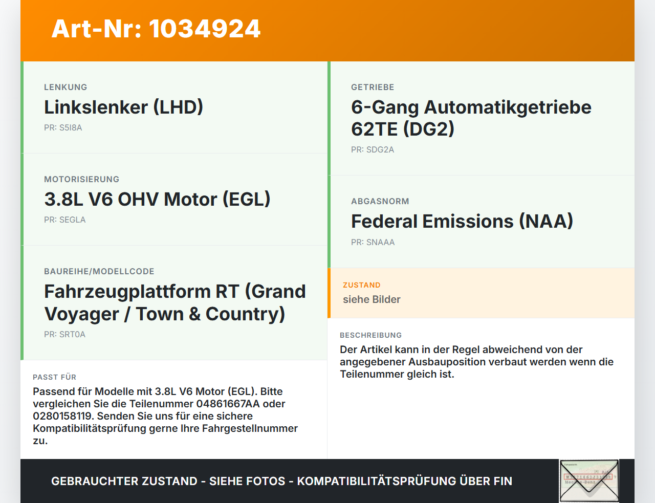 Chrysler Grand Voyager V 08-10 3,8 142KW Injektor Einspritzdüse Zyl.1 Chrysler Grand Voyager V 08-10 01.01.2008... Vorschau 3