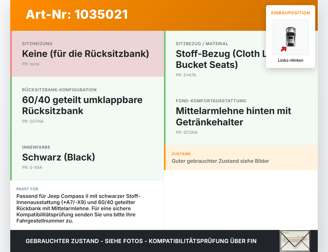 Jeep Compass II 17-21 Sitzbezug Sitzpolster Links für Rücksitzbank Hinten Jeep Compass II 17-21 12.03.2019 gebraucht Vorschau 3