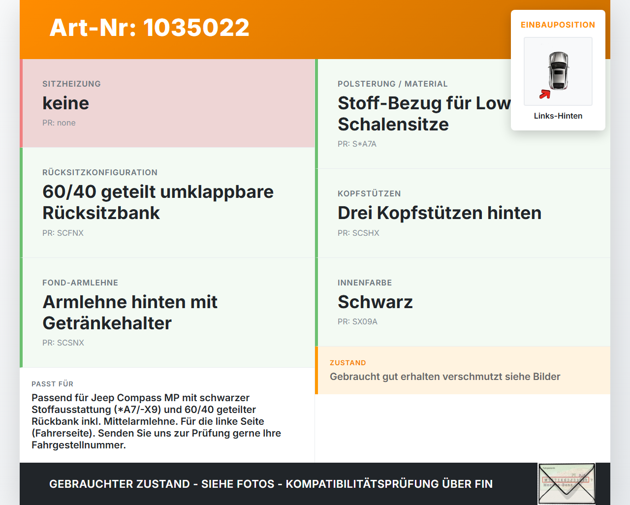 Jeep Compass II 17-21 Sitzbezug Rückenpolster Links für Rücksitzbank Hinten Jeep Compass II 17-21 12.03.2019 gebraucht Vorschau 3