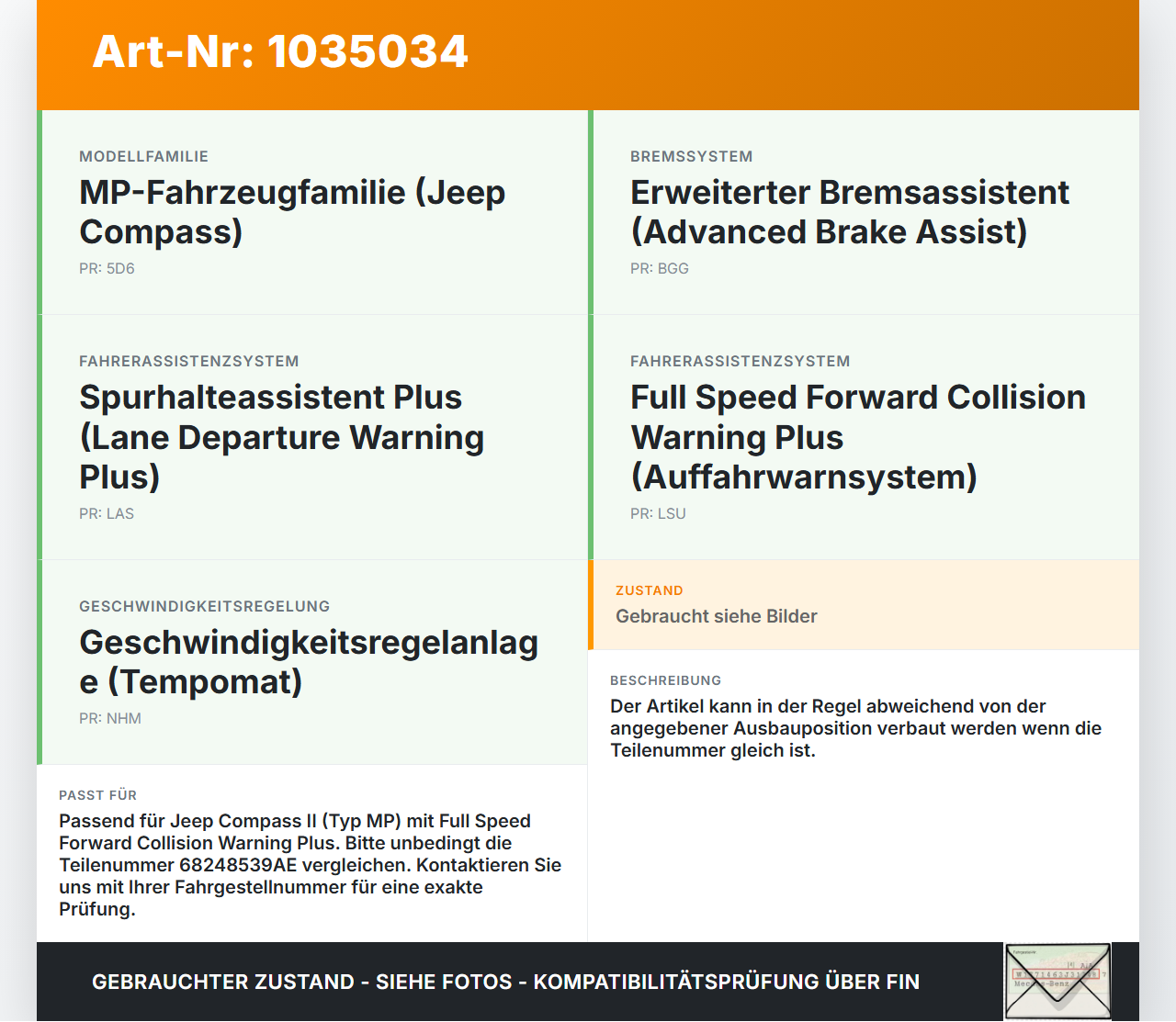 Jeep Compass II 17-21 ACC Radar Sensor Abstandstempomat Distanzregelung Jeep Compass II 17-21 12.03.2019 68248539AE... Vorschau 3