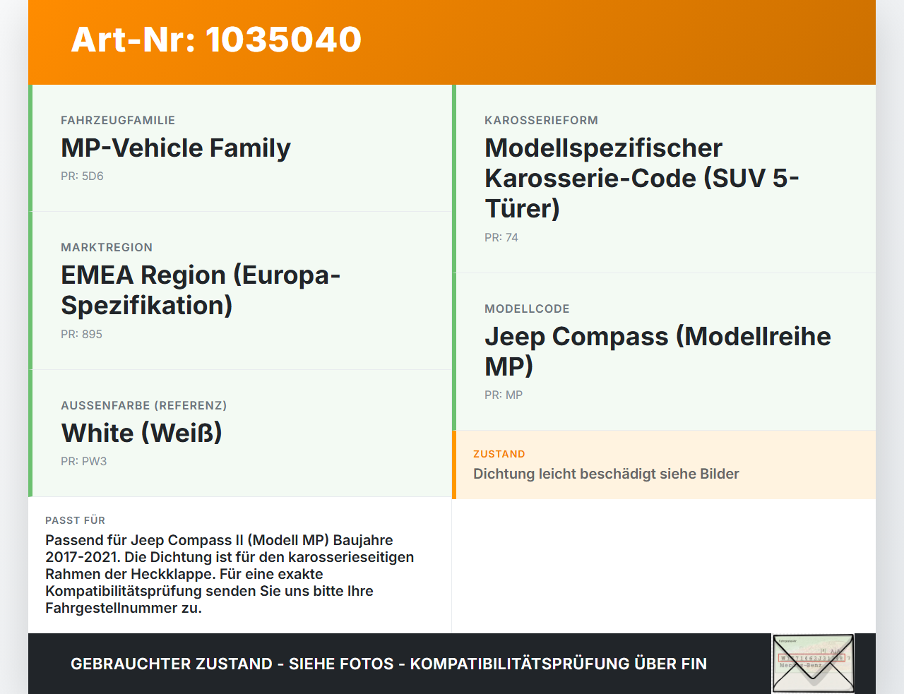 Jeep Compass II 17-21 Dichtung Rahmen für Heckklappe Kofferraum Jeep Compass II 17-21 12.03.2019 gebraucht Vorschau 3