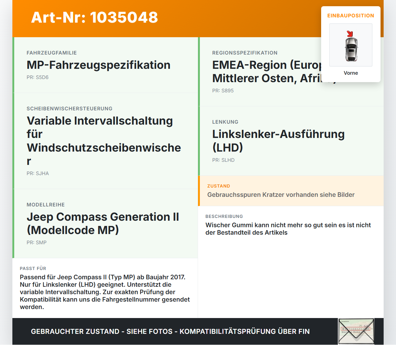 Jeep Compass II 17-21 2x Scheibenwischer Wischarm Vorne Jeep Compass II 17-21 12.03.2019 89813-772 24569 gebraucht Vorschau 3