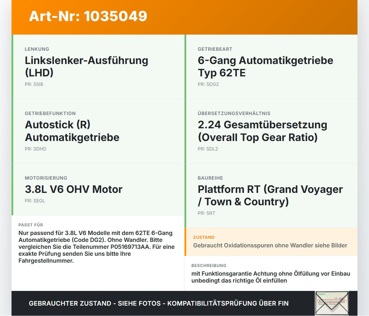 Chrysler Grand Voyager V 08-10 3,8 142KW 62TE Automatikgetriebe Getriebe ohne Wandler 62TE Chrysler Grand Voyager V... Vorschau 3