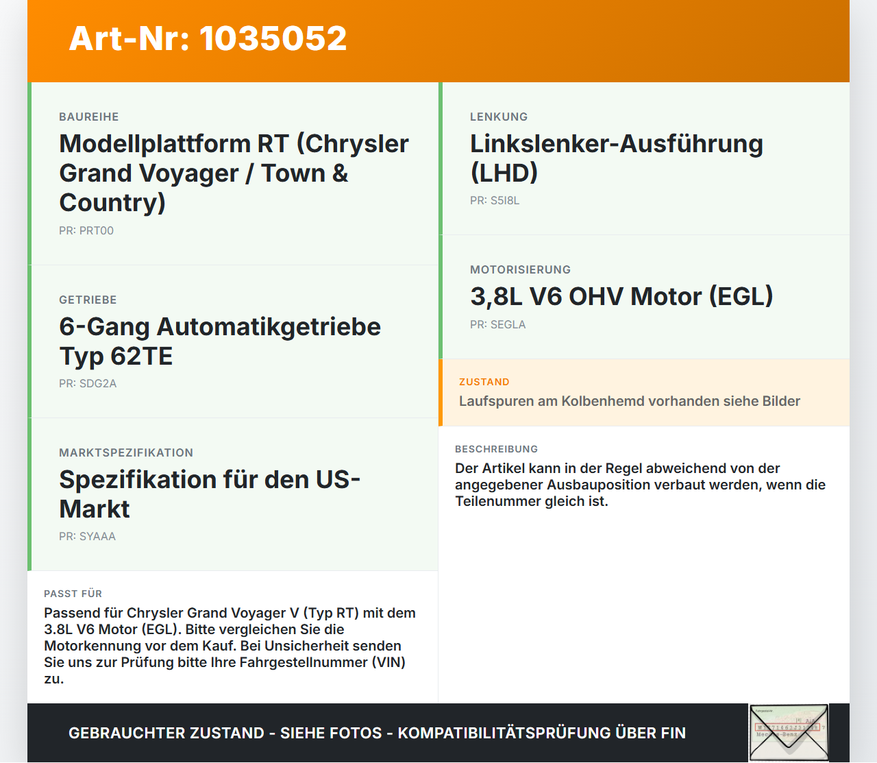 Chrysler Grand Voyager V 08-10 3,8  EGL Kolben mit Pleuel Pos A Chrysler Grand Voyager V 08-10 01.01.2008 gebraucht Vorschau 3