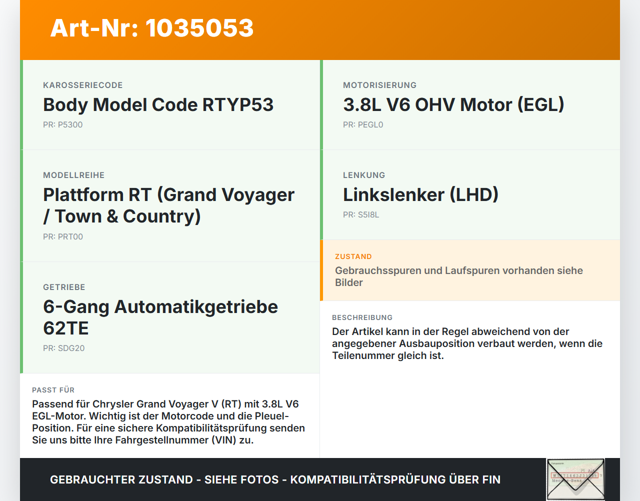 Chrysler Grand Voyager V 08-10 3,8  EGL Kolben mit Pleuel Pos B Chrysler Grand Voyager V 08-10 01.01.2008 gebraucht Vorschau 3