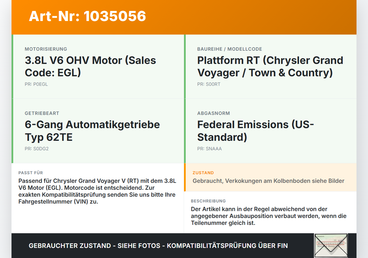 Chrysler Grand Voyager V 08-10 3,8  EGL Kolben mit Pleuel Pos E Chrysler Grand Voyager V 08-10 01.01.2008 gebraucht Vorschau 3