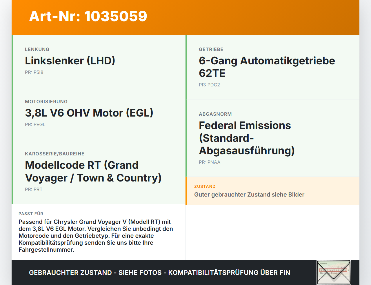 Chrysler Grand Voyager V 08-10 3,8  EGL Kurbelwelle Chrysler Grand Voyager V 08-10 01.01.2008 gebraucht Vorschau 3