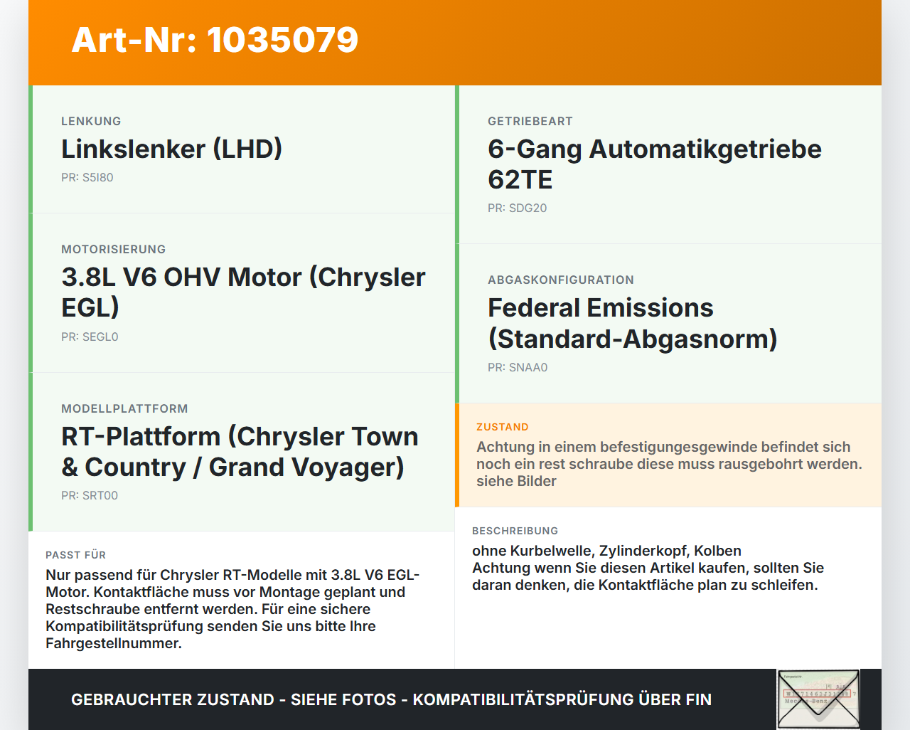 Chrysler Grand Voyager V 08-10 3,8 142KW EGL Motorblock Kurbelgehäuse Motor Chrysler Grand Voyager V 08-10... Vorschau 3