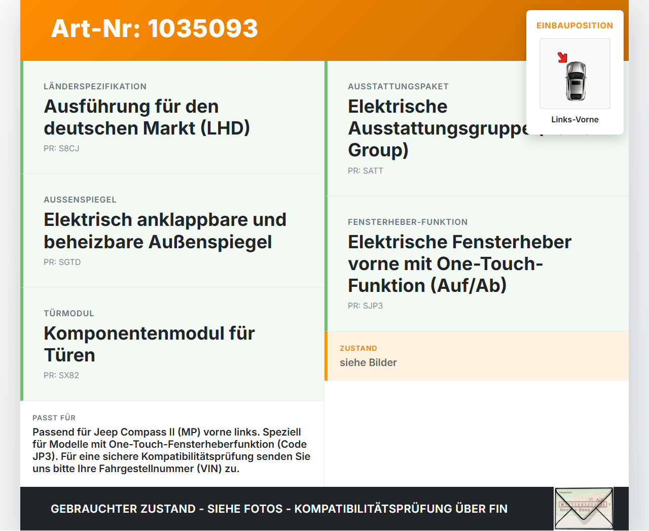 Jeep Compass II 17-21 Fensterheber o. FH-Motor Links Vorne Jeep Compass II 17-21 12.03.2019 8242679AA C47485-106... Vorschau 3