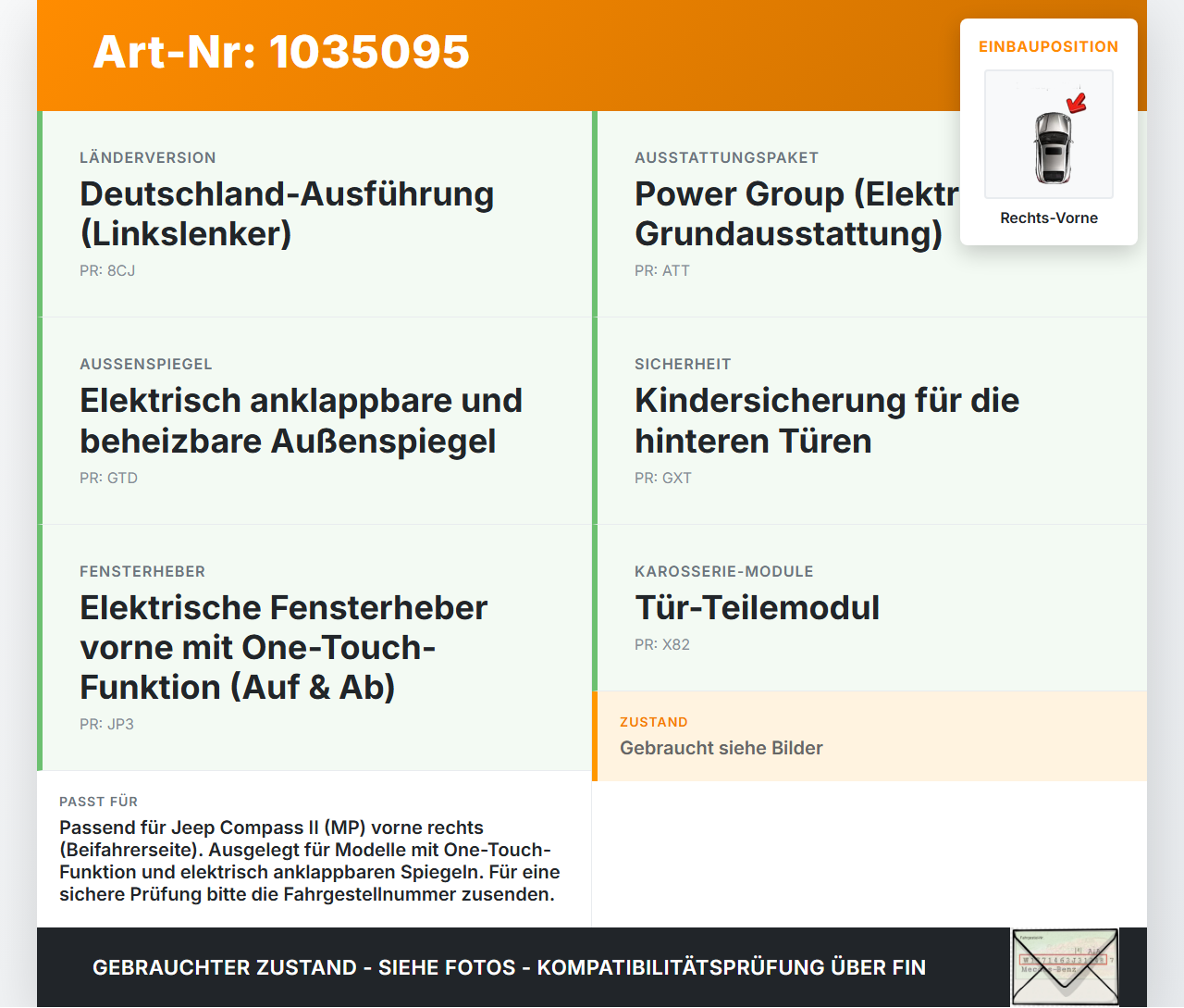 Jeep Compass II 17-21 Fensterheber o. FH-Motor Rechts Vorne Jeep Compass II 17-21 12.03.2019 68242678AA C47484-106... Vorschau 3