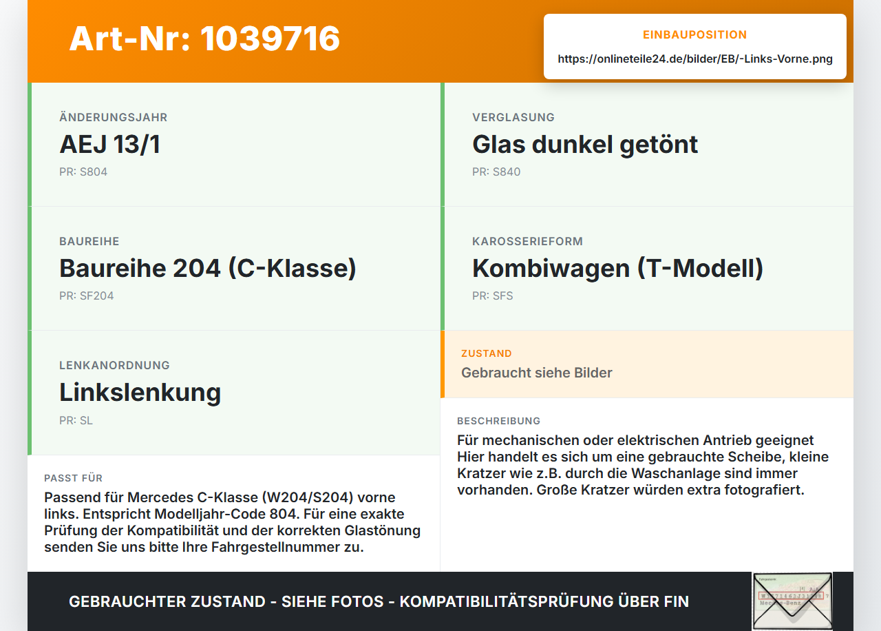 Mercedes W204 S204 C250 07-14 Kombi LVK Seitenscheibe für Tür Fenster Türscheibe Links Vorne Mercedes W204 S204... Vorschau 3
