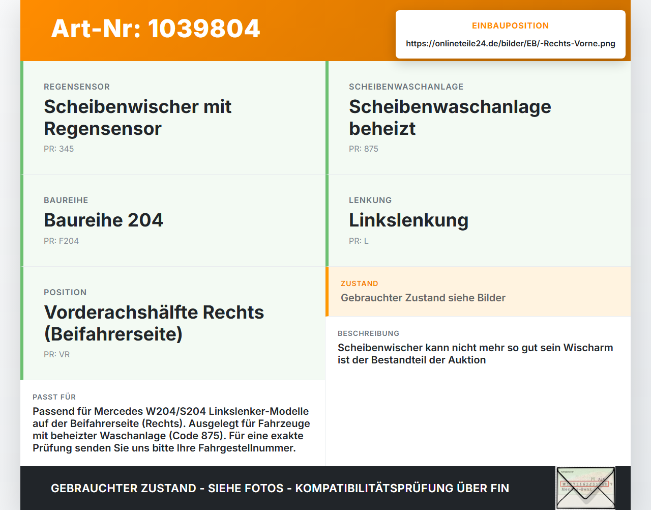 Mercedes W204 S204 C250 07-14 Scheibenwischer Wischarm Vorne Rechts Mercedes W204 S204 C250 07-14 29.08.2013... Vorschau 3