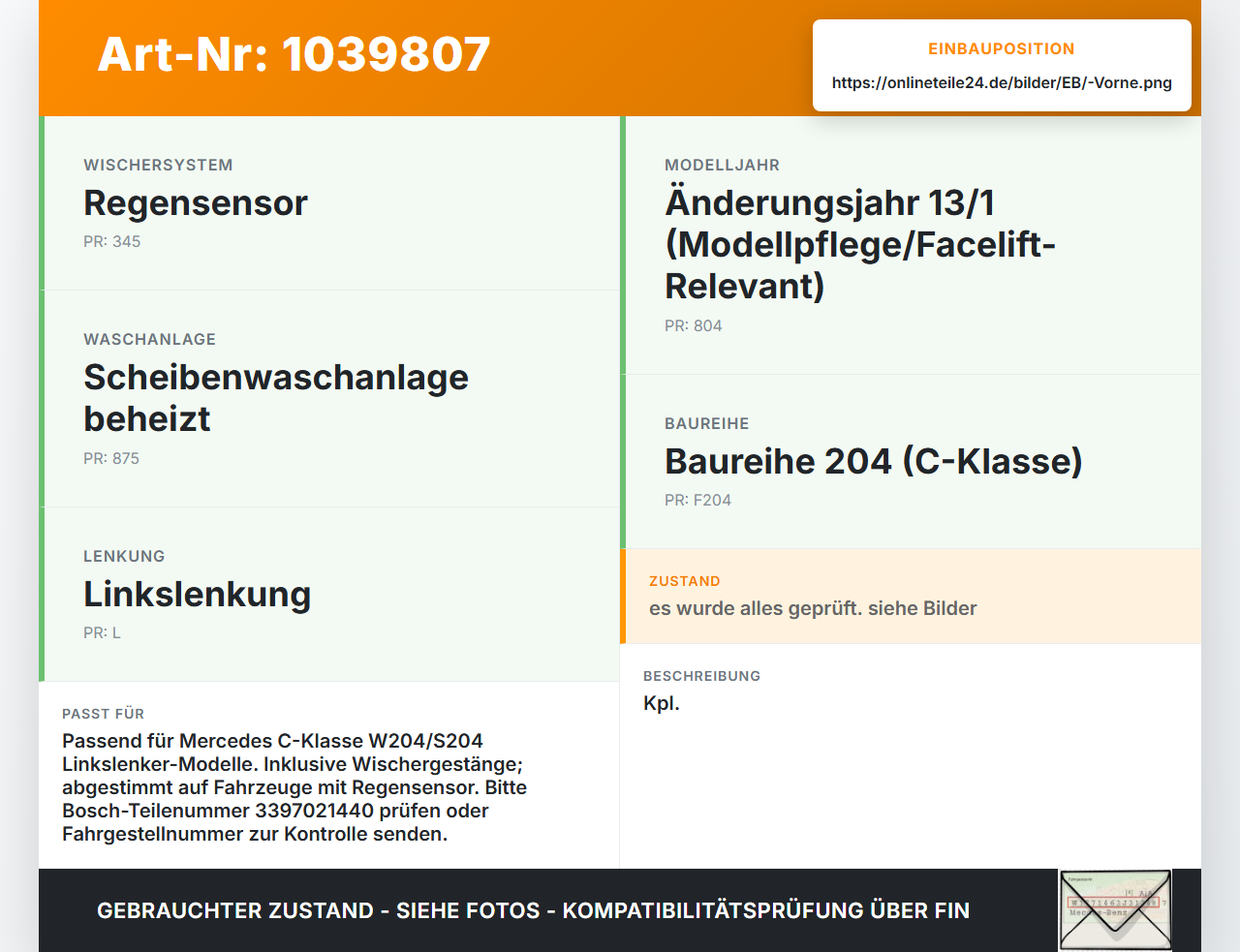 Mercedes W204 S204 C250 07-14 Wischermotor m. Wischergestänge Vorne Mercedes W204 S204 C250 07-14 29.08.2013... Vorschau 3