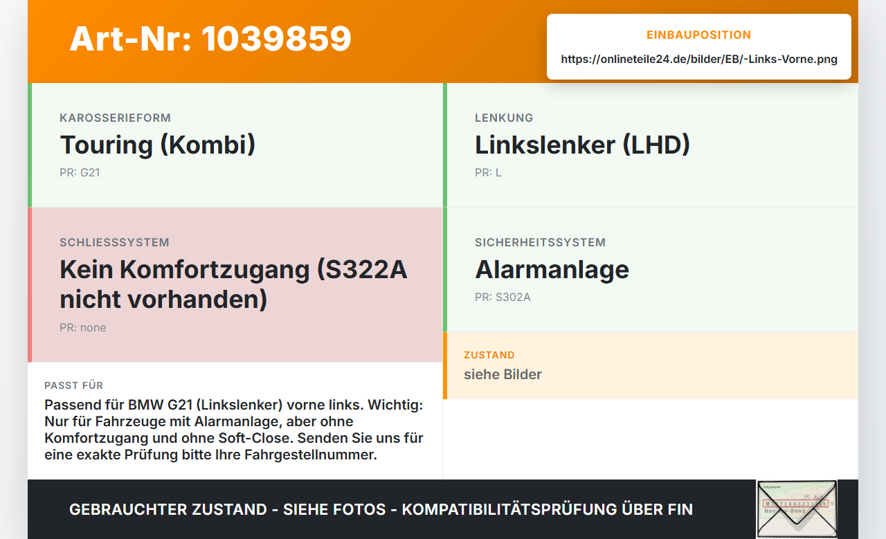 BMW G21 320dx 3er 19-22 Kombi Türschloss m. ZV Stellmotor Links Vorne BMW G21 320dx 3er 19-22 17.09.2020... Vorschau 3