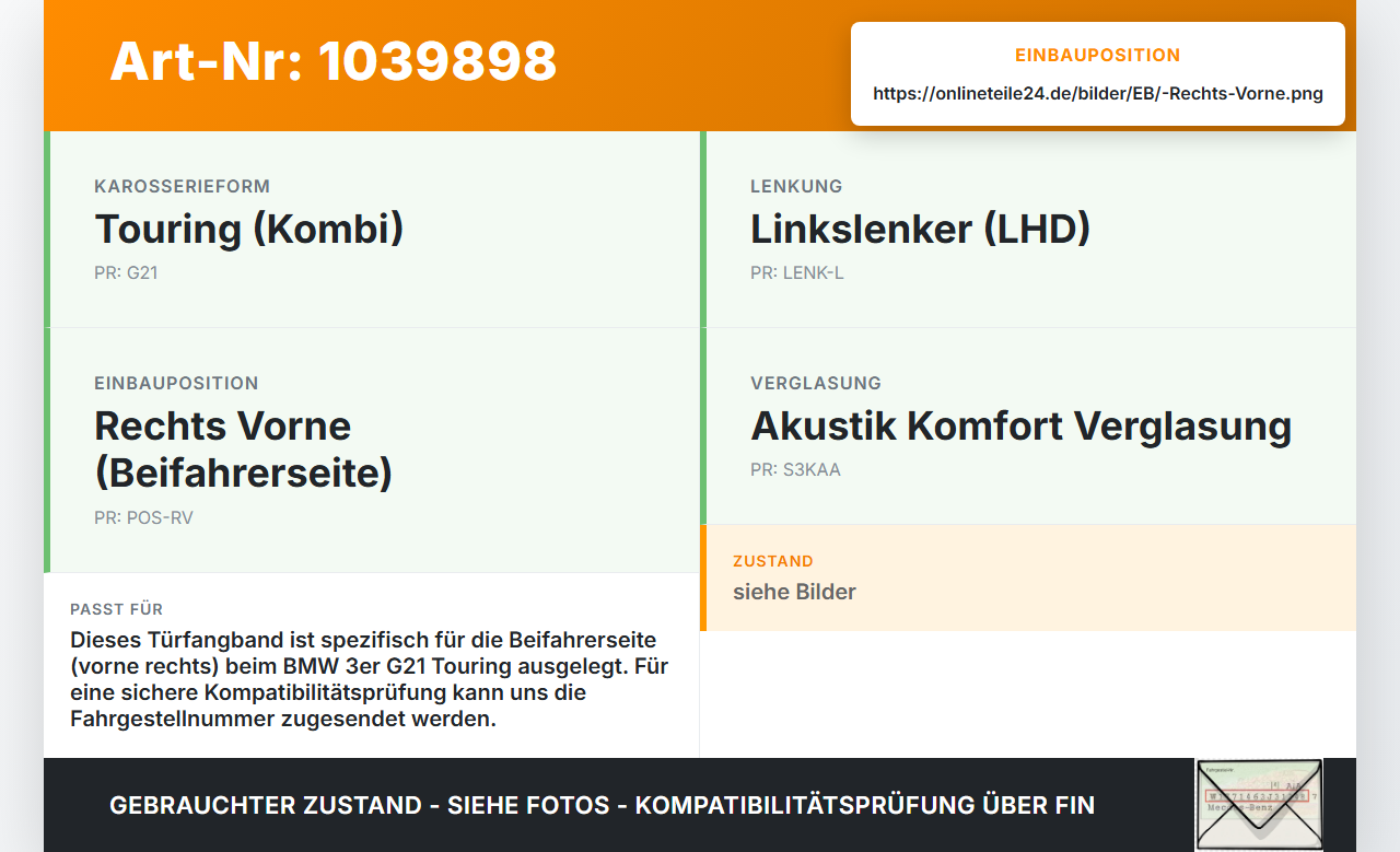 BMW G21 320dx 3er 19-22 Kombi Türfangband Türbremse Türanschlag Rechts Vorne BMW G21 320dx 3er 19-22 17.09.2020... Vorschau 3